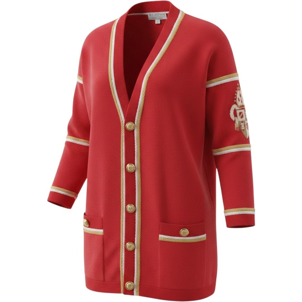 St John Marie Gray Cardigan Womens M Red Santana Knit Gold Buttons Vintage